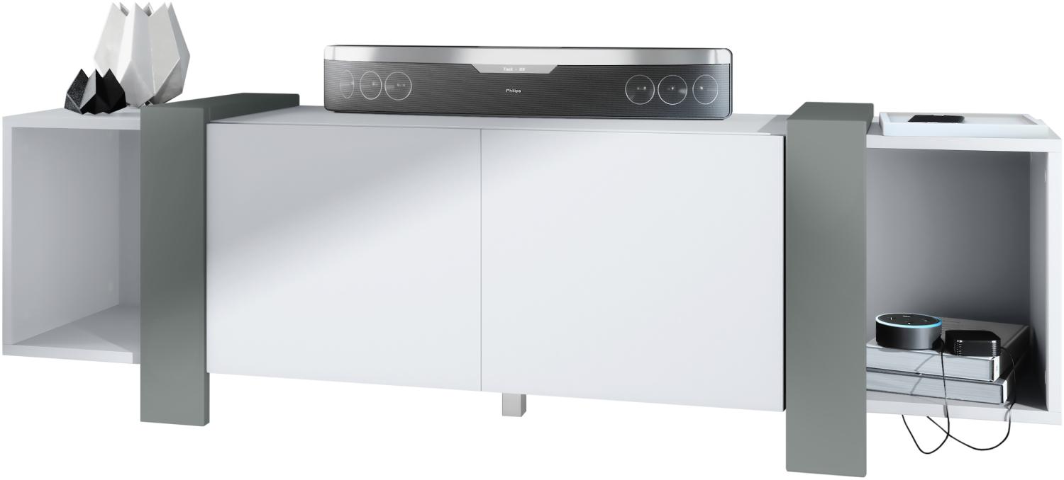 Vladon Lowboard Ida 149 x 45,5 x 34 cm TV-Board mit 4 Fächern und PTO-Türen, Korpus in Weiß matt, Blenden in Graphit seidenmatt Bild 1