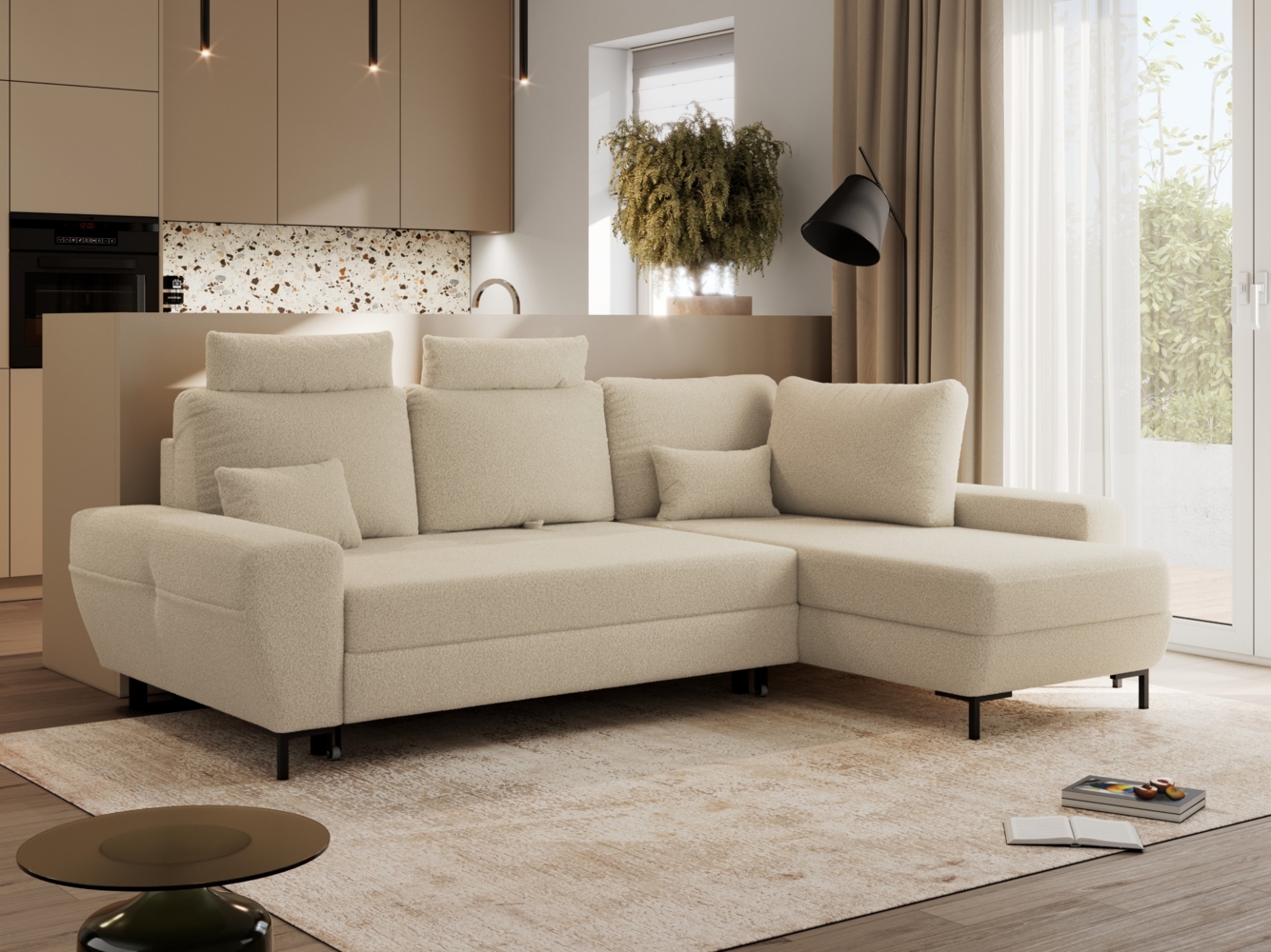 Ecksofa mit Schlaffunktion und Bettkasten für das Wohnzimmer, auf schwarzen Metallbeinen, mit losen Kissen - FLAVIA - Beige Boucle - rechte Seite Bild 1