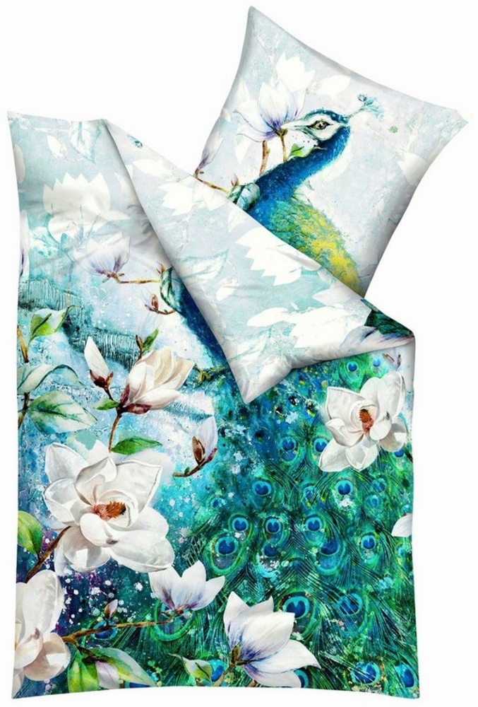 Kaeppel Wendebettwäsche 135x200cm Pfau Blau Grün Kaeppel, Mako-Satin, 2 teilig, hochwertiger Digitaldruck mit beeindruckendem Pfauenmotiv, Baumwolle Bild 1