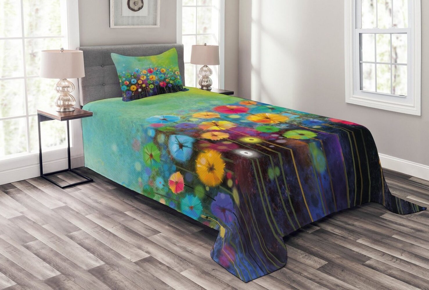 Abakuhaus Tagesdecke Set mit Kissenbezügen Waschbar, Blumen Bunter Löwenzahn Bild 1