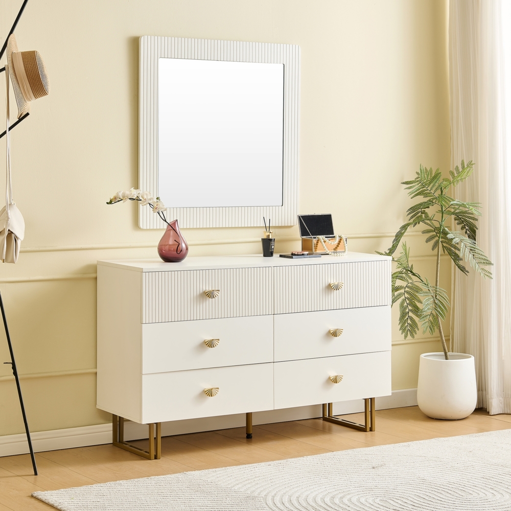Sideboard und Wandspiegel Set, moderne Kommode mit 6 Schubladen Weiß Gold, Flur Schlafzimmer Wohnzimmer Möbel Bild 1