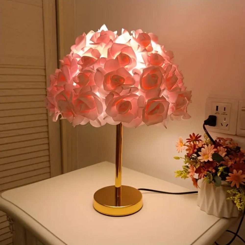 JDONG Nachttischlampe Kreative Blumen Schreibtischlampe,Rosa-Weiß / Rosa Flowers Tischlampe, ohne Leuchtmittel, Nachttischlampe mit Rosenlichtschirm, Romantische Tischleuchte für Schlafzimmer Büro Kinder Hotel Café Bild 1