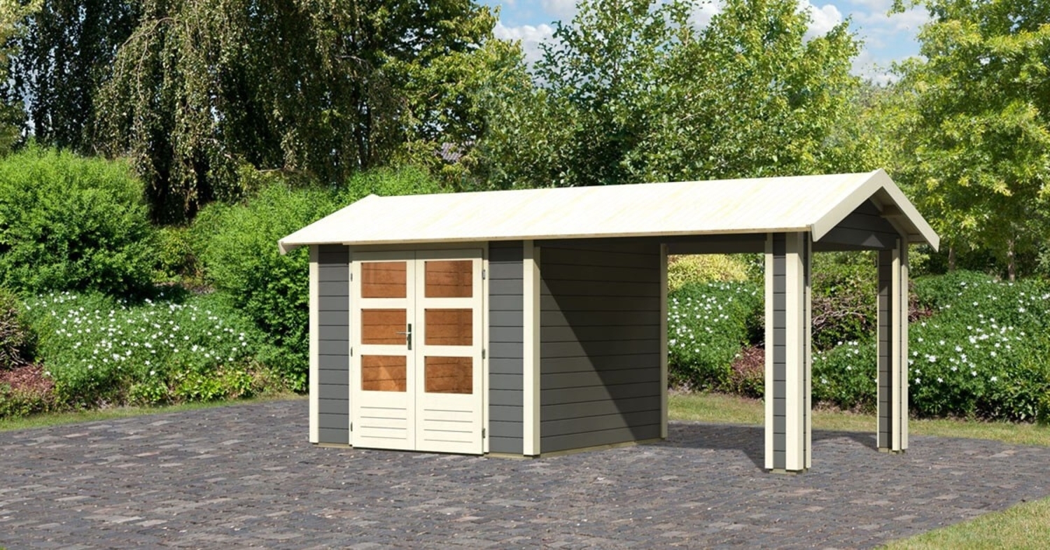 Gartenhaus Theres 3 - 244x244 cm plus Dachausbauelement, 28 mm Holz terragrau, Karibu Bild 1