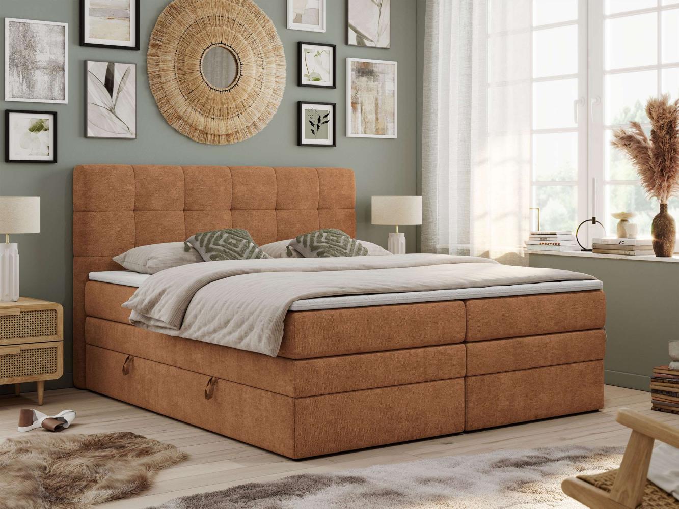 Boxspringbett mit Kopfteil und Topper, Polsterbett - LUKA-KING - 120x200cm - Orange Stoff - H3 Bild 1