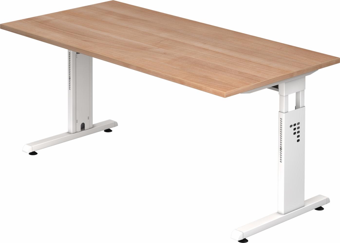 bümö höhenverstellbarer Schreibtisch O-Serie 160x80 cm in Nussbaum, Gestell in weiß - PC Tisch für's Büro manuell höhenverstellbar, Computertisch verstellbar, OS-16-N-W Bild 1