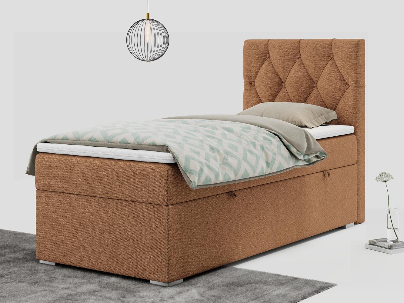 Boxspringbett ALDA, Einzelbett mit gestepptem Kopfteil und einem Bettkasten, 90x200 - Orange Stoff - rechts - H4 Bild 1