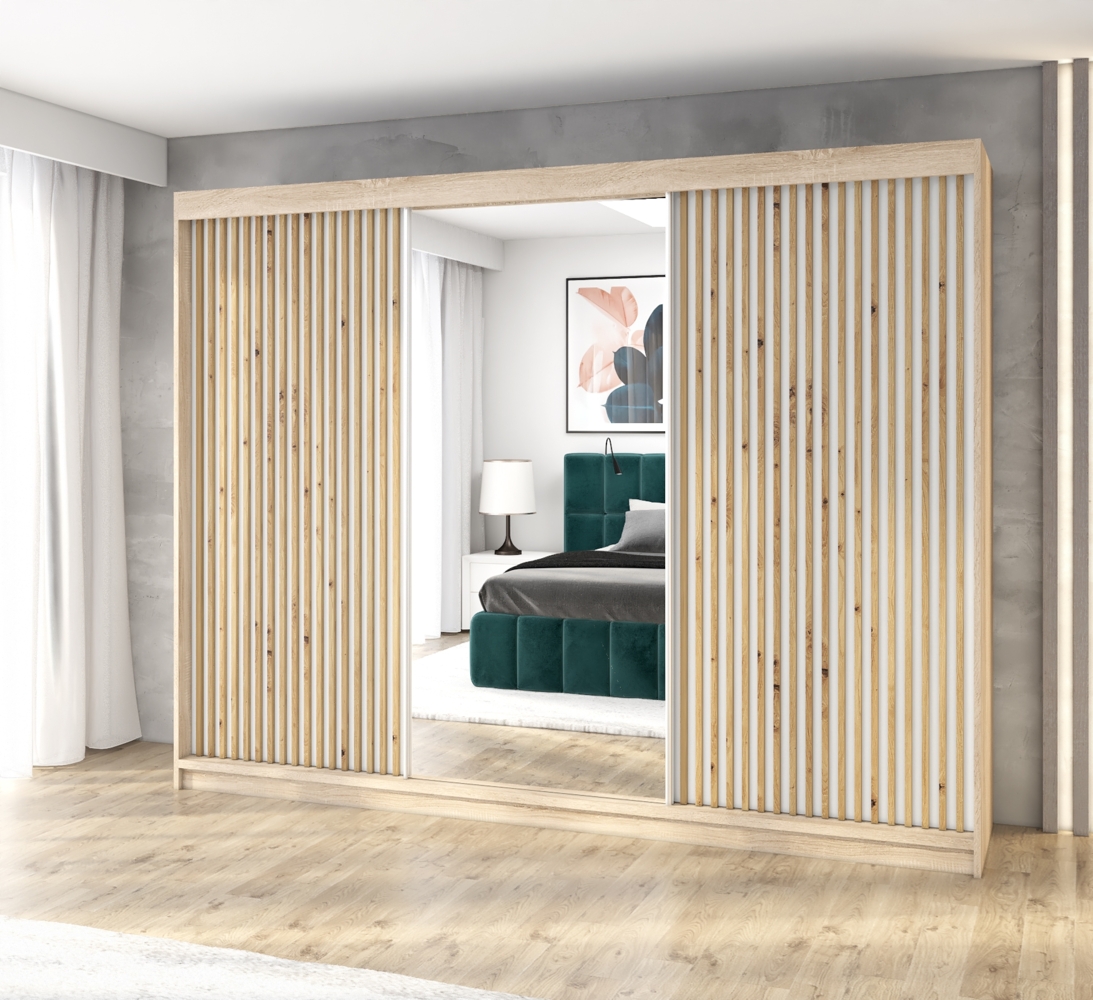 A&J MöbelLand Schwebetürenschrank FARA 200 cm, mit 4 Schubladen, Spiegel, 3D Lamellen Bild 1