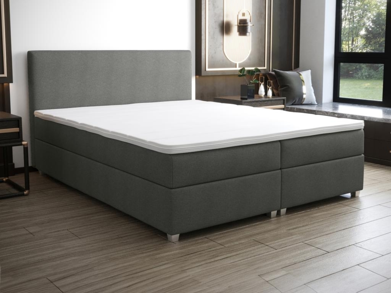 Vente-unique - Boxspringbett komplett mit Bett-Kopfteil + Lattenrost + Matratze + Topper - 180 x 200 cm - Stoff - Anthrazit - ONAN von YSMÉE Bild 1