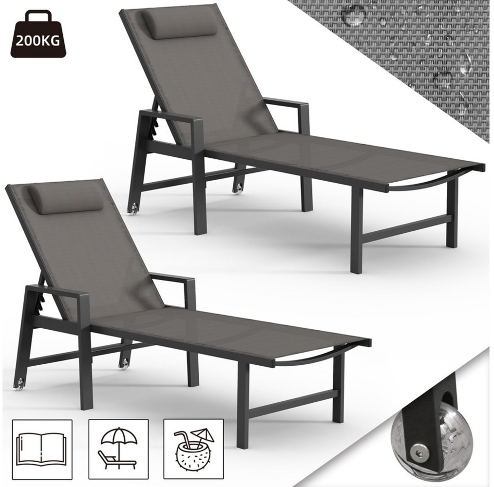 Mucola 2x Sonnenliege Aluminium Gartenliege 200KG & Rollen wetterfest Relaxliege Anthrazit Teslin Klappliege Camping Bild 1