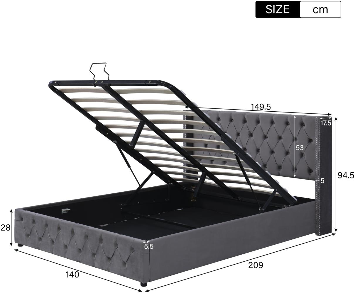 Merax Doppelbett 140*200cm, Polsterbett Ohrenform Doppelte Nietenreihe Flanell, Knopfnähte Kopf-und Fußende, Grau Bild 1