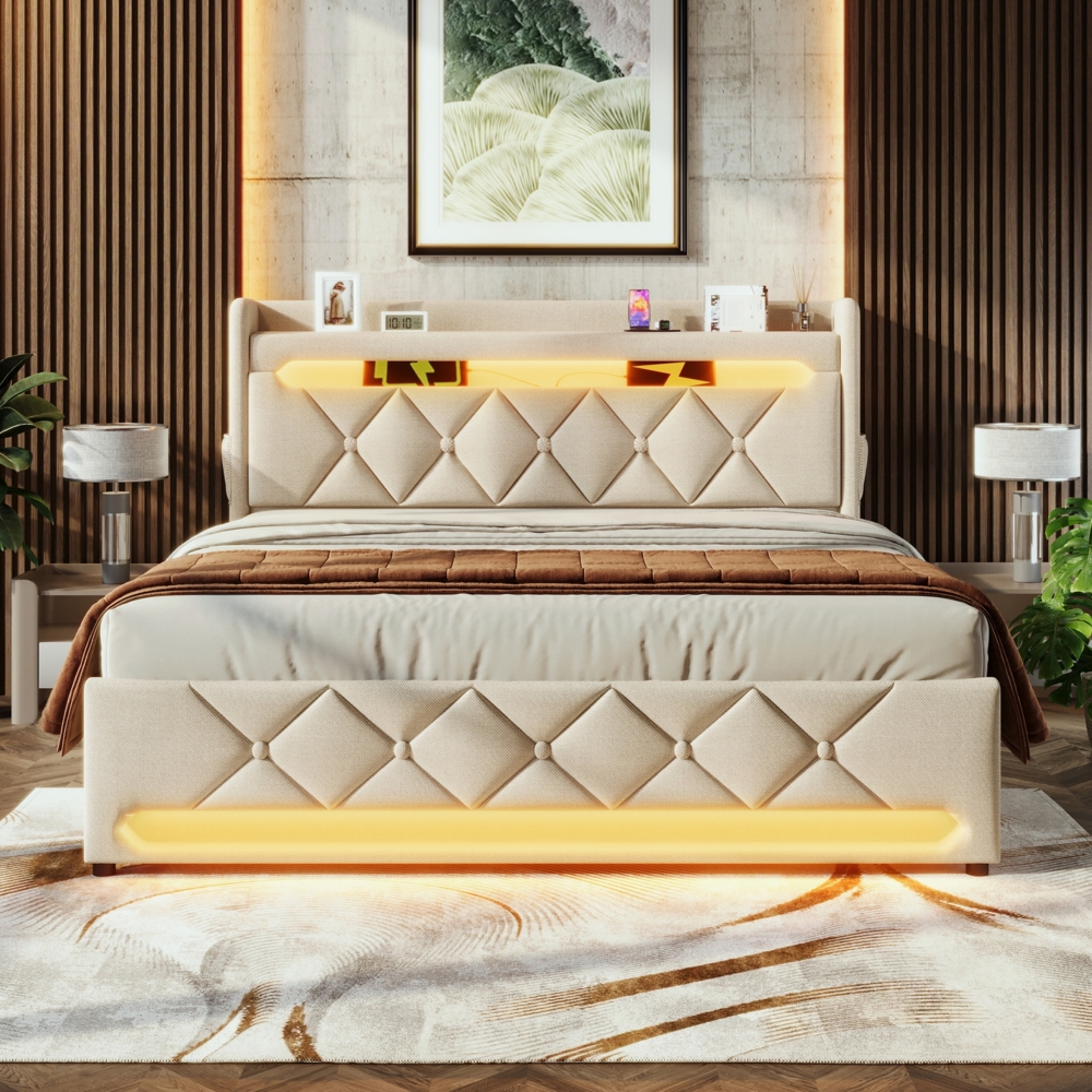 Polsterbett 140x200 cm aus Leinen mit Stauraum, 360°-LED und USB-/Type-C-Anschlüssen Bild 1