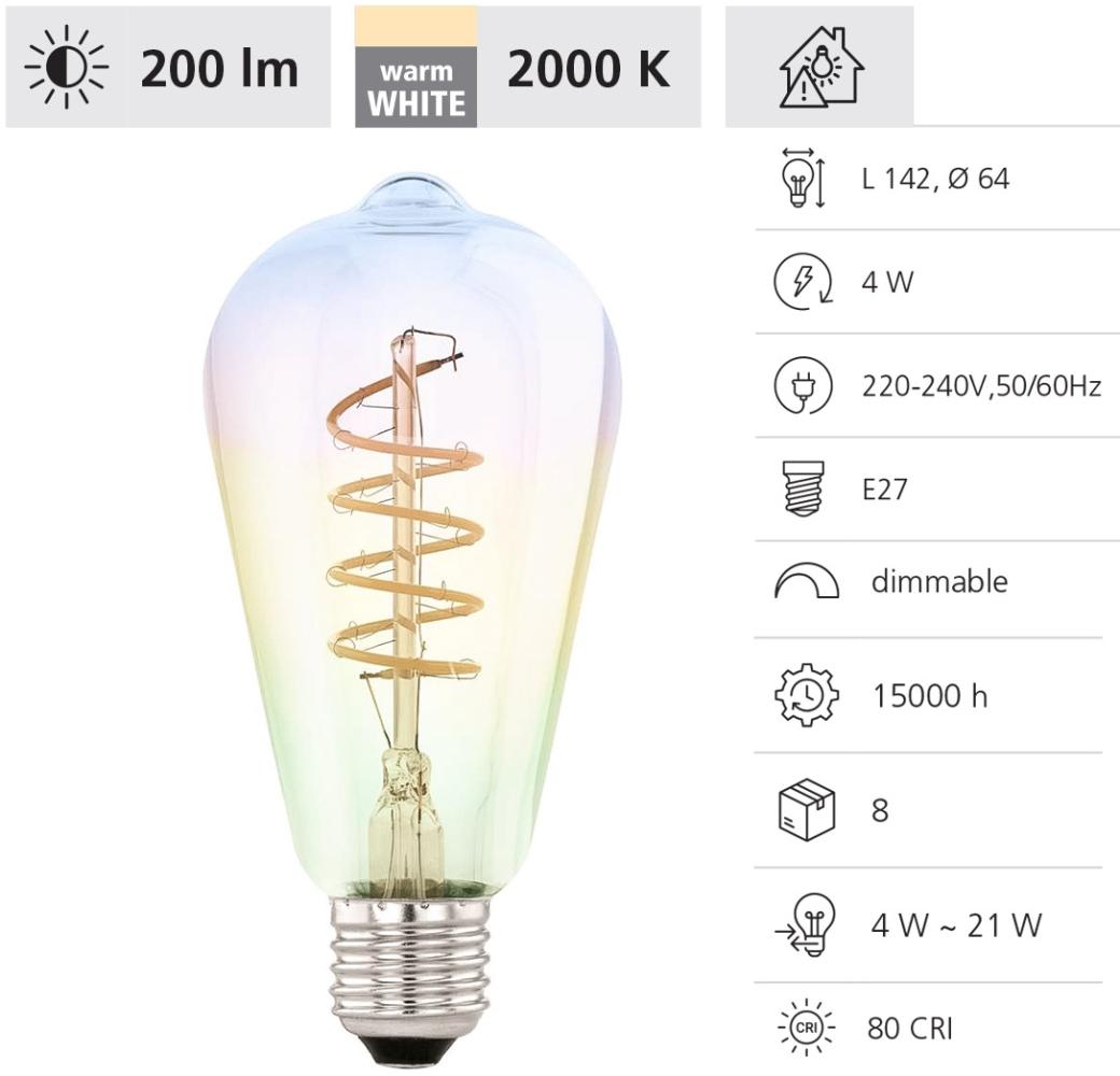 Eglo 110209 LED Filament Leuchtmittel E27 1X4W Decorative Spirale irisierend L:14. 2cm Ø:6. 4cm 2000K 200lm dimmbar Bild 1