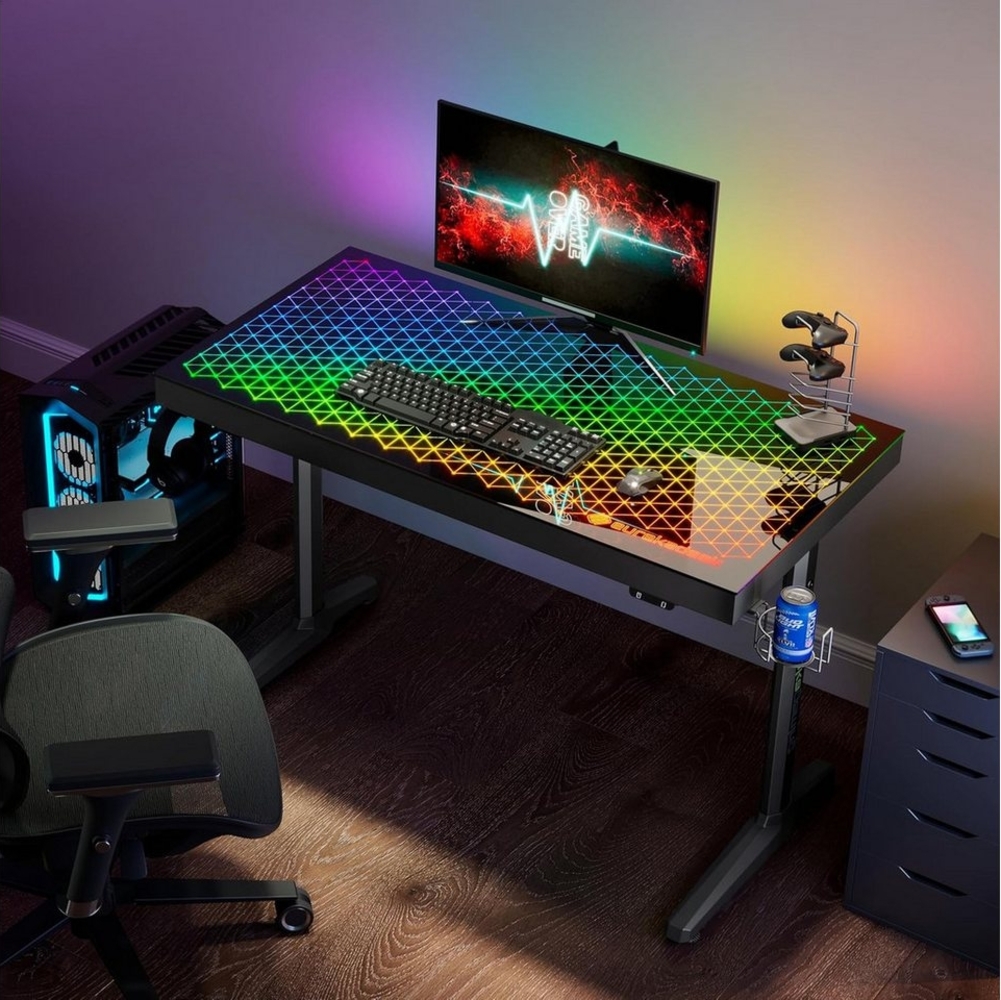 EE EUREKA ERGONOMIC Gamingtisch Höhenverstellbarer Glas Schreibtisch mit RGB 110X60 cm, MAX. Load:90kg (Packung, 1-St, Modern Gaming Tisch), mit Musik Sync, APP Steuerung, Kopfhörerhaken, Getränkehalter, Mauspad Bild 1