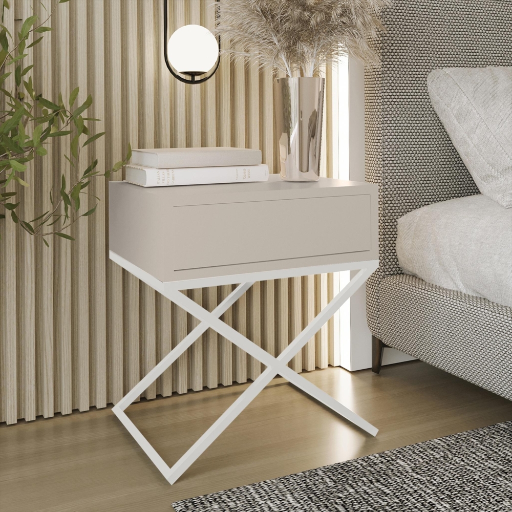 AX LIVING Nachttisch modern Aleio X 45 cm breit, beige, weißes Gestell Bild 1