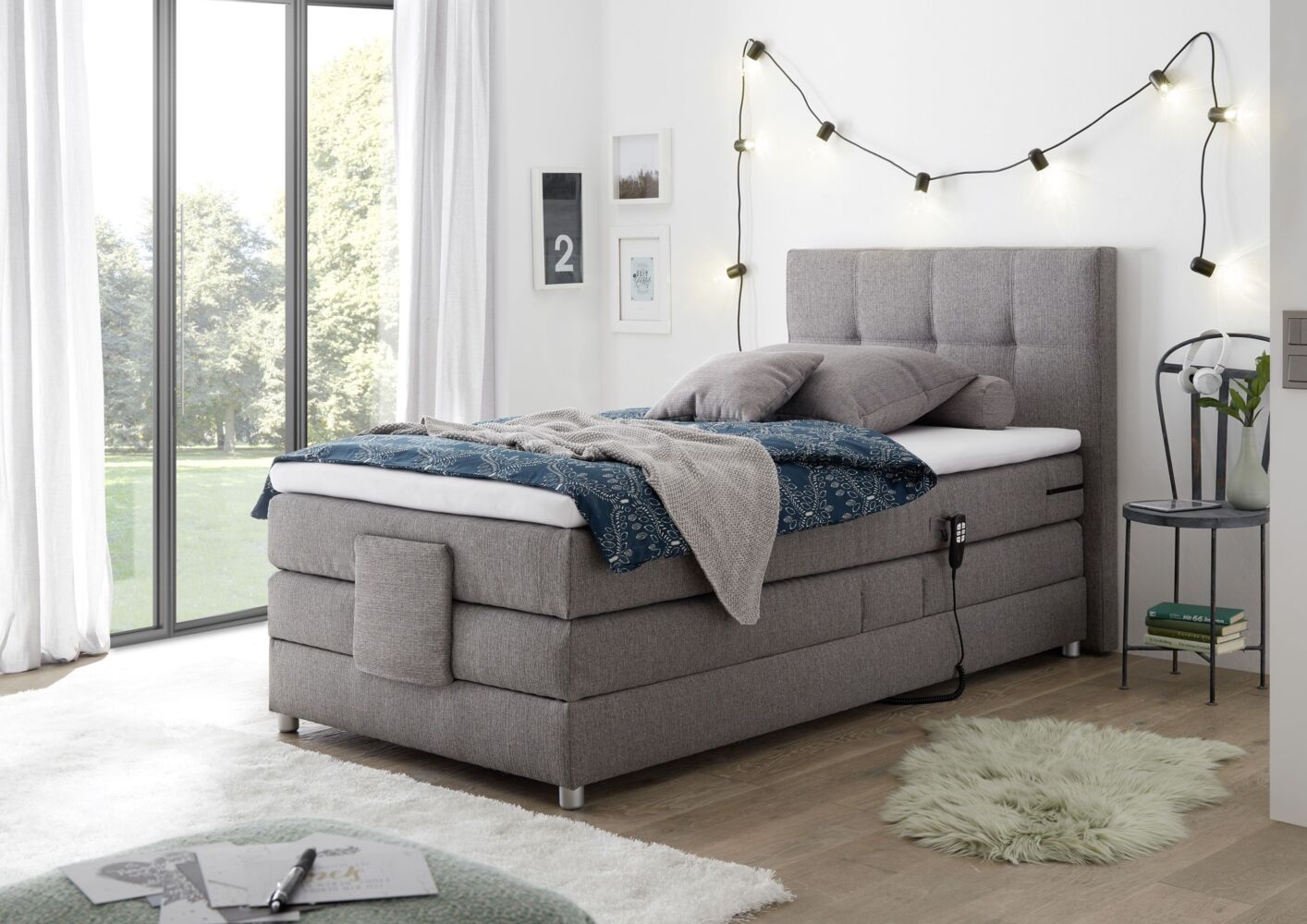 Boxspringbett 'MANOLO 2' in Stoff Silber mit Motor 100x200 Bild 1