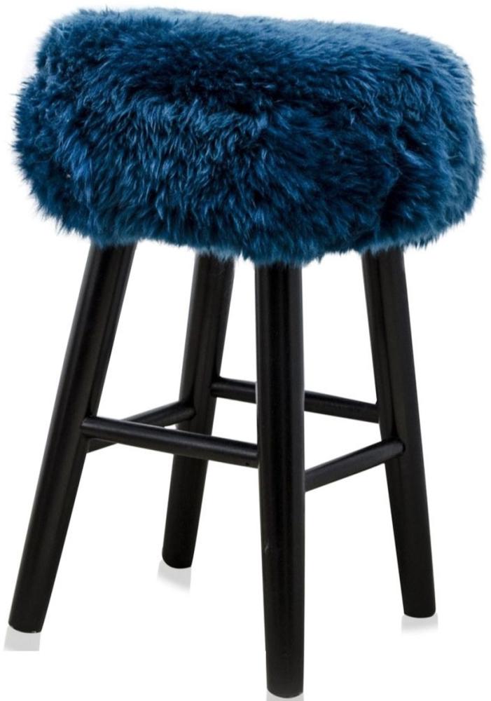 Casa Padrino Luxus Sitzhocker Blau / Schwarz Ø 40 x H. 57 cm - Hocker mit Schafsfell Bild 1