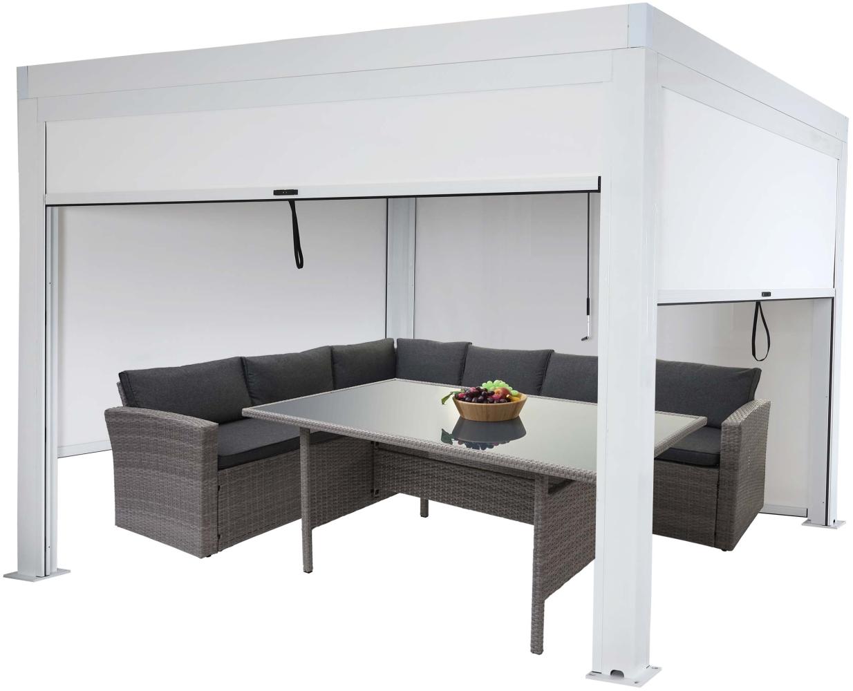 Pergola HWC-L46 mit Seitenwand, Gartenpavillon Lamellen-Pavillon Rollo, 11cm-Alu-Gestell, sturmfest 3x3m ~ weiß Bild 1