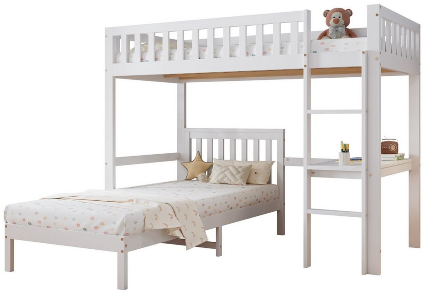 MODFU Etagenbett Kinderbett Funktionsbett Stauraumbett Einzelbett Jugendbett (mit dreistufiger Leiter, Stabile Lattenroste, Design des Sicherheitszauns, mit Schreibtisch, Rahmen aus Kiefer, 90x200 cm), ohne Matratze Bild 1