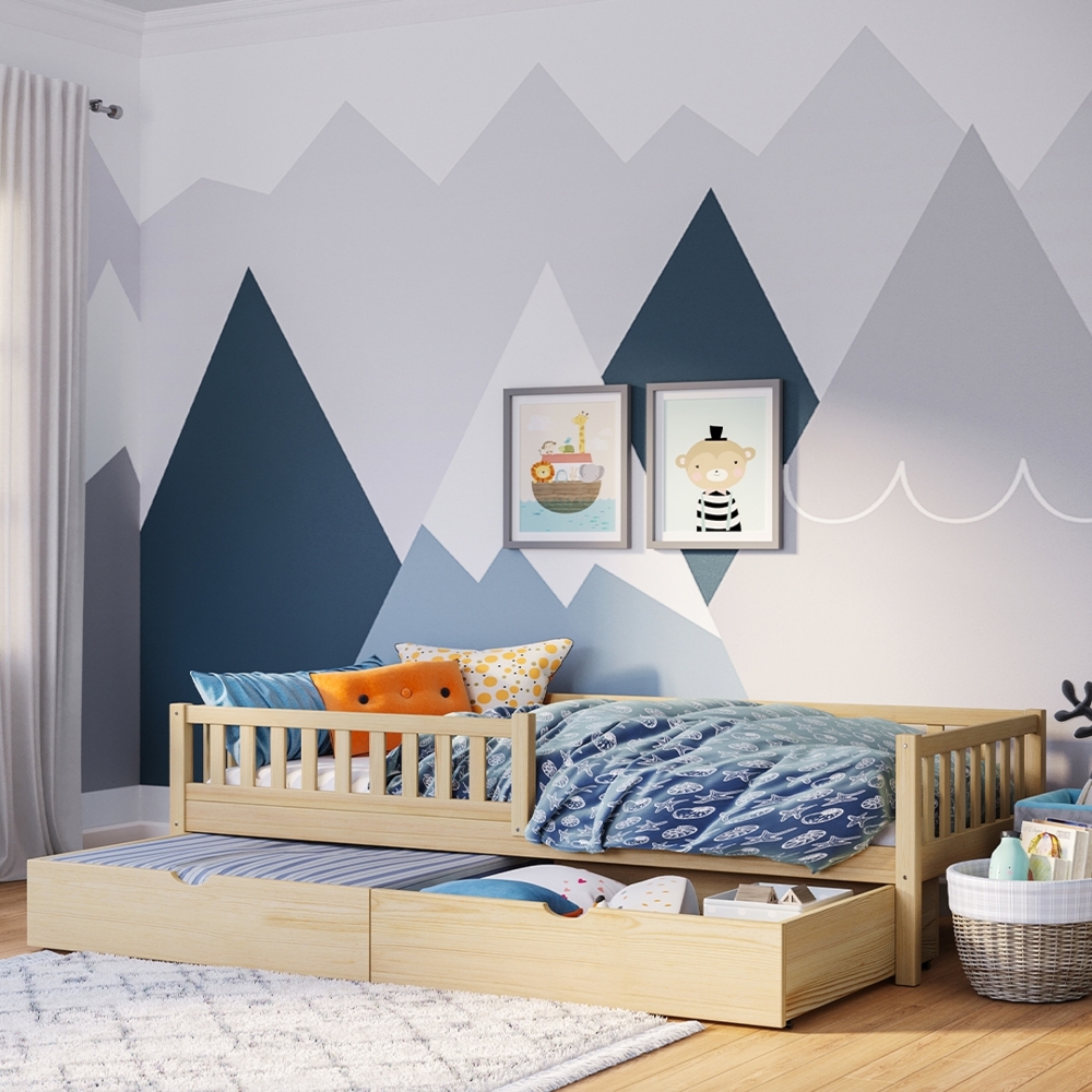 Bellabino 'Vils' Kinderbett 90x200 cm mit großer Schublade, natur, Kiefer Massivholz, Montessori Bett mit Stauraum, mit abnehmbarem Rausfallschutz und Lattenrost Bild 1