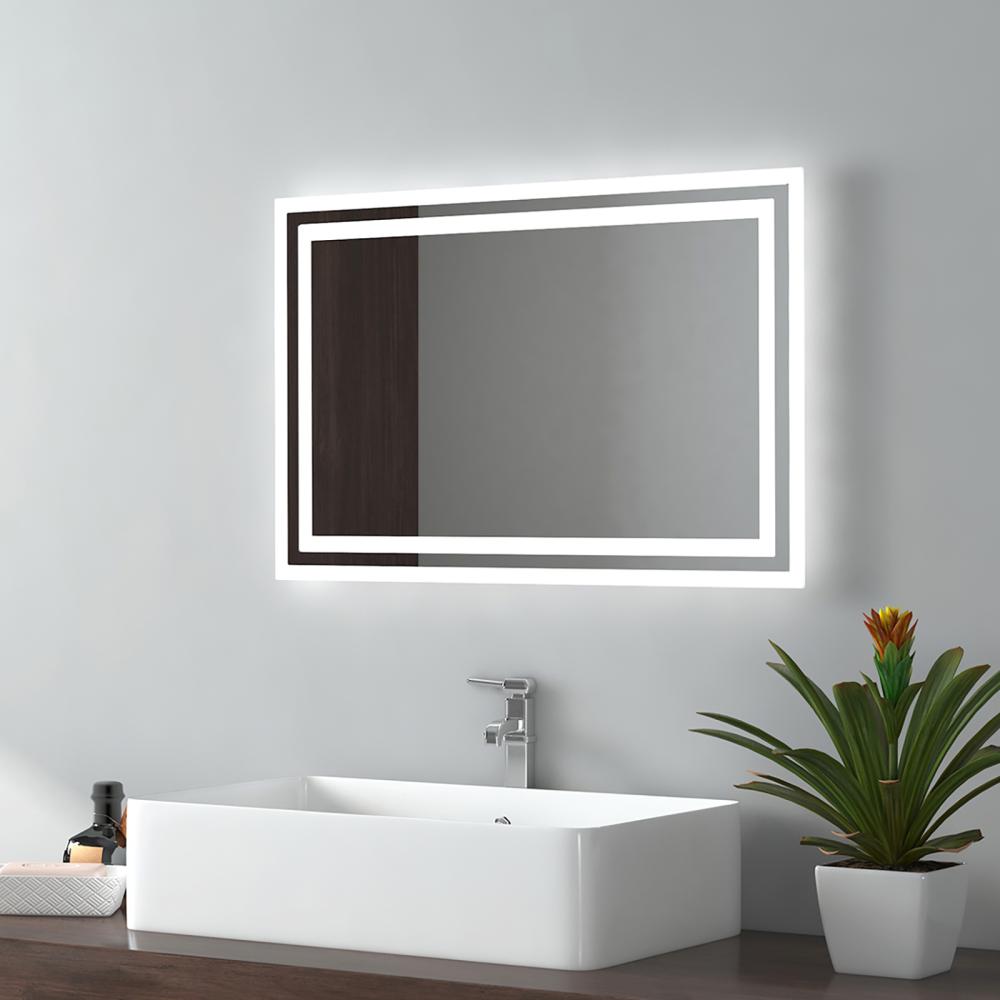 EMKE Badspiegel LED Beleuchtung 60x40cm, Kaltweißes/Warmweißes Licht, Knopfschalter, Beschlagfrei, IP44 Wasserdicht Wandspiegel Bild 1