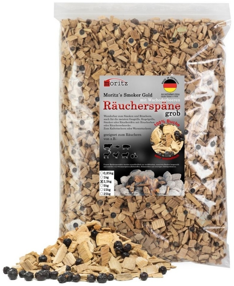 Moritz Räucherbox 2,5kg Räucherspäne Buche mit Wacholder grob 6 -12 mm Räucher Mehl Späne für Schnecke Sparbrand Spirale Fisch Fleisch Bild 1