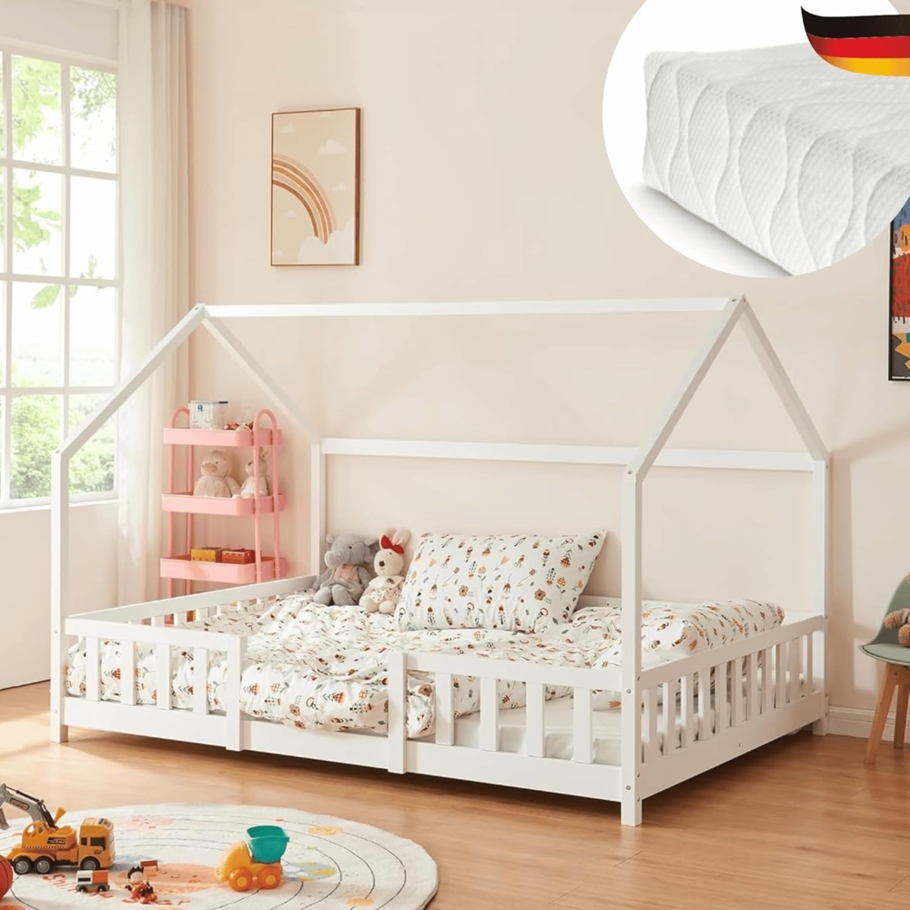 DELUKE® Kinderbett 120x200 cm LULO - Inkl. Matratze Lattenrost Rausfallschutz Einzelbett Hausbett Kinderzimmer Bodenbett Kinder Bett Klein Montessori Bett Weiß Bild 1