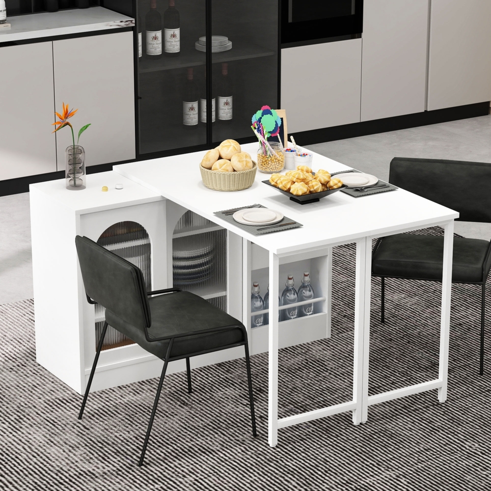 Bartisch, Moderner ausziehbarer 360° drehbarer Bartisch mit Stauraum reversibel Tisch Sideboard Bar mit Glasschranktür für Küche Kaffeebar Möbel, Holz+Glas, Weiß Bild 1