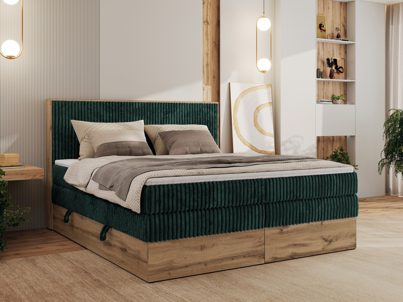 Boxspringbett, Set mit zwei Multipocket-Matratze und Topper, hohe Kopfteil, Eiche Wotan Holzrahmen - WOOD CLASSIC KING - 200 x 200 cm - Dunkelgrün Cord - H3 Bild 1