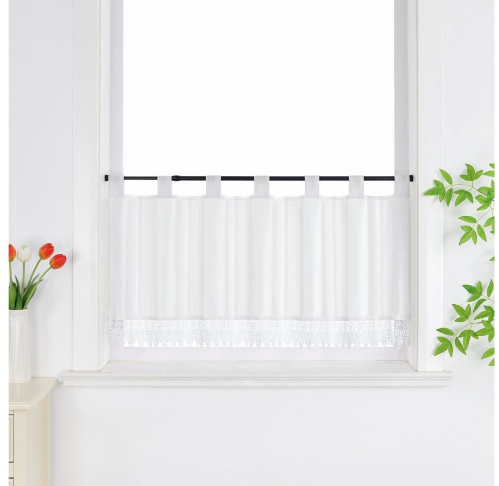 Joyswahl Scheibengardine, Schlaufen, halbtransparent, Kurzstores modern mit Uni Strukturiertes Gewebe und Spitzenborte Bild 1