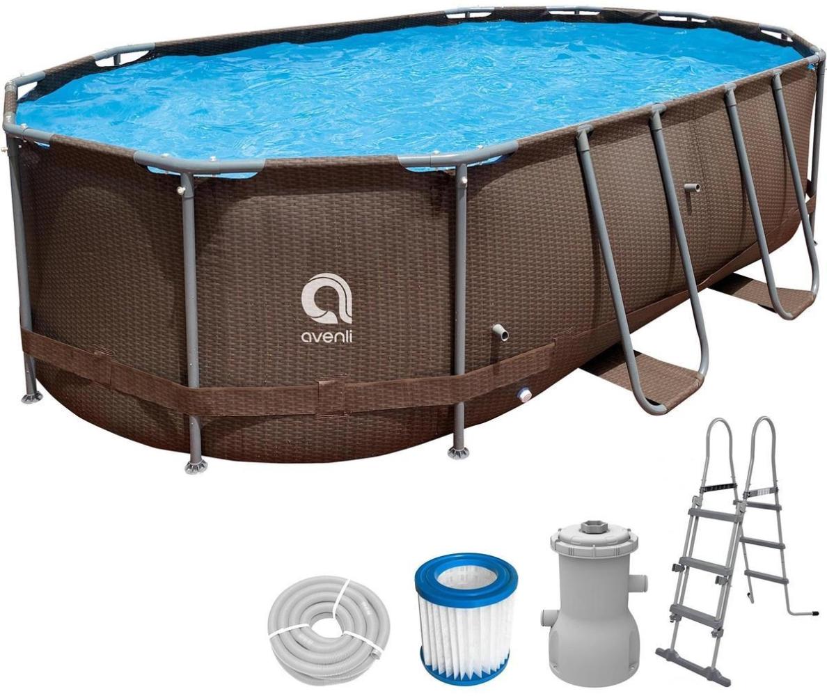 Avenli Frame Oval Pool Set 427 x 275 x 100 cm, Aufstellpool, oval, mit Pumpe, braune Rattanoptik Bild 1