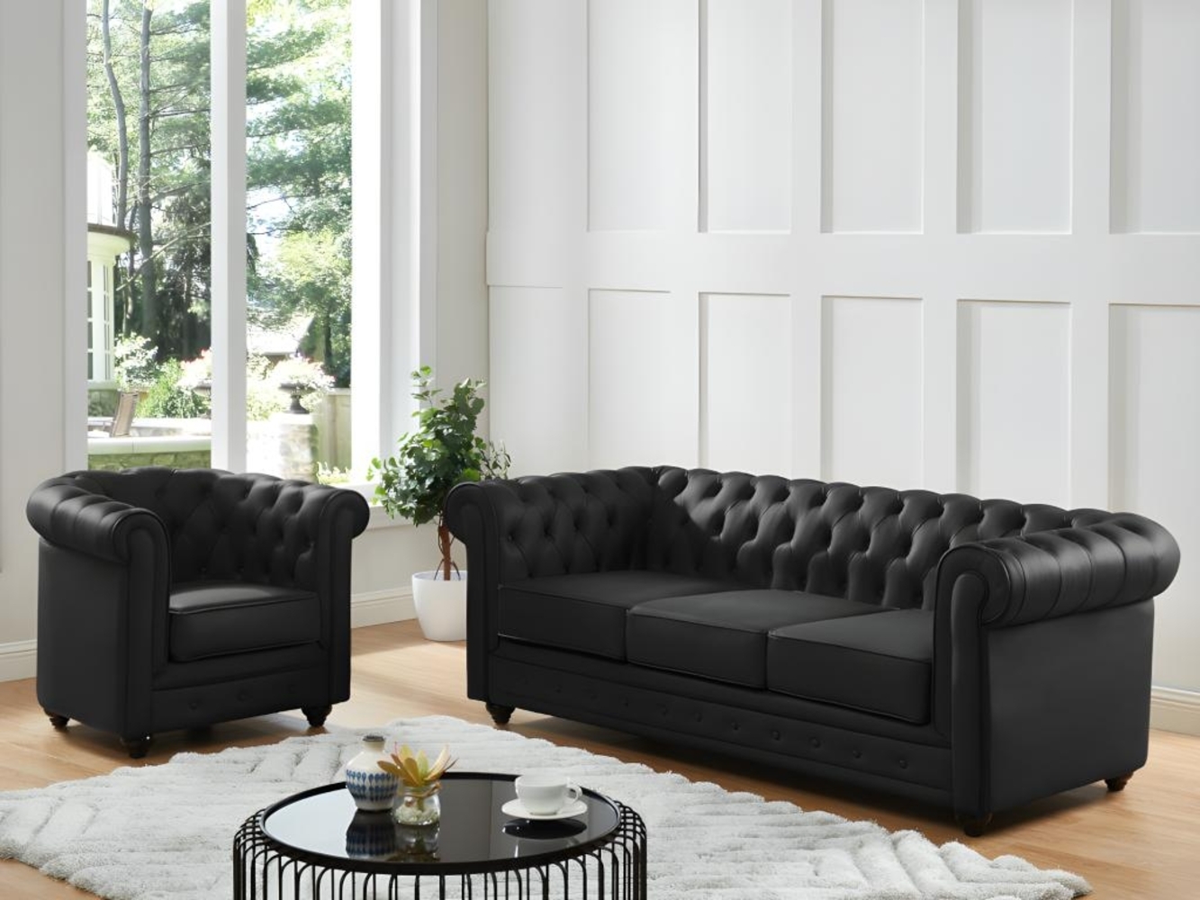 Vente-unique - Ledersofa 3-Sitzer + Ledersessel - Büffelleder - Schwarz - CHESTERFIELD Bild 1