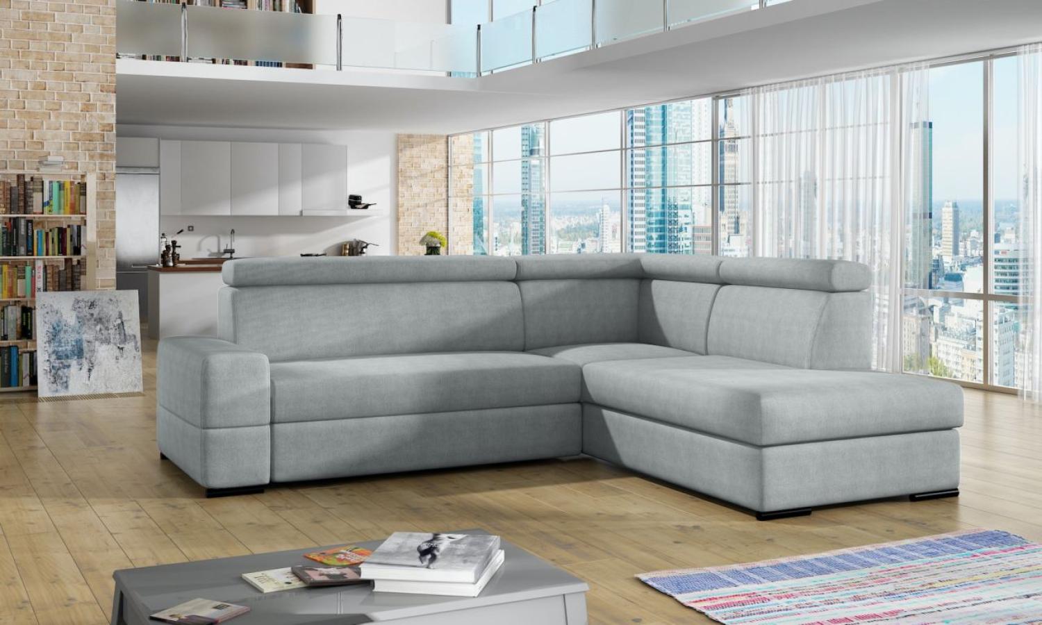 Ecksofa Sofa LETO mit Schlaffunktion Hellgrau Ottomane Rechts Bild 1