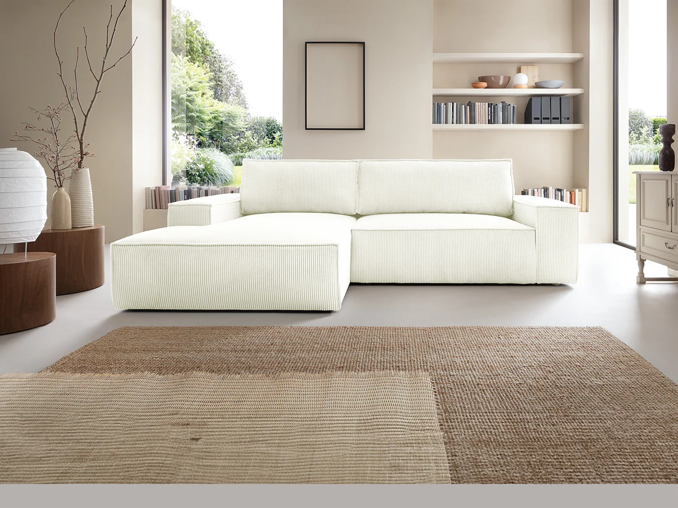 Vente-unique - Ecksofa mit Schlaffunktion - Ecke links - Cord - Weiß - AMELIA Bild 1