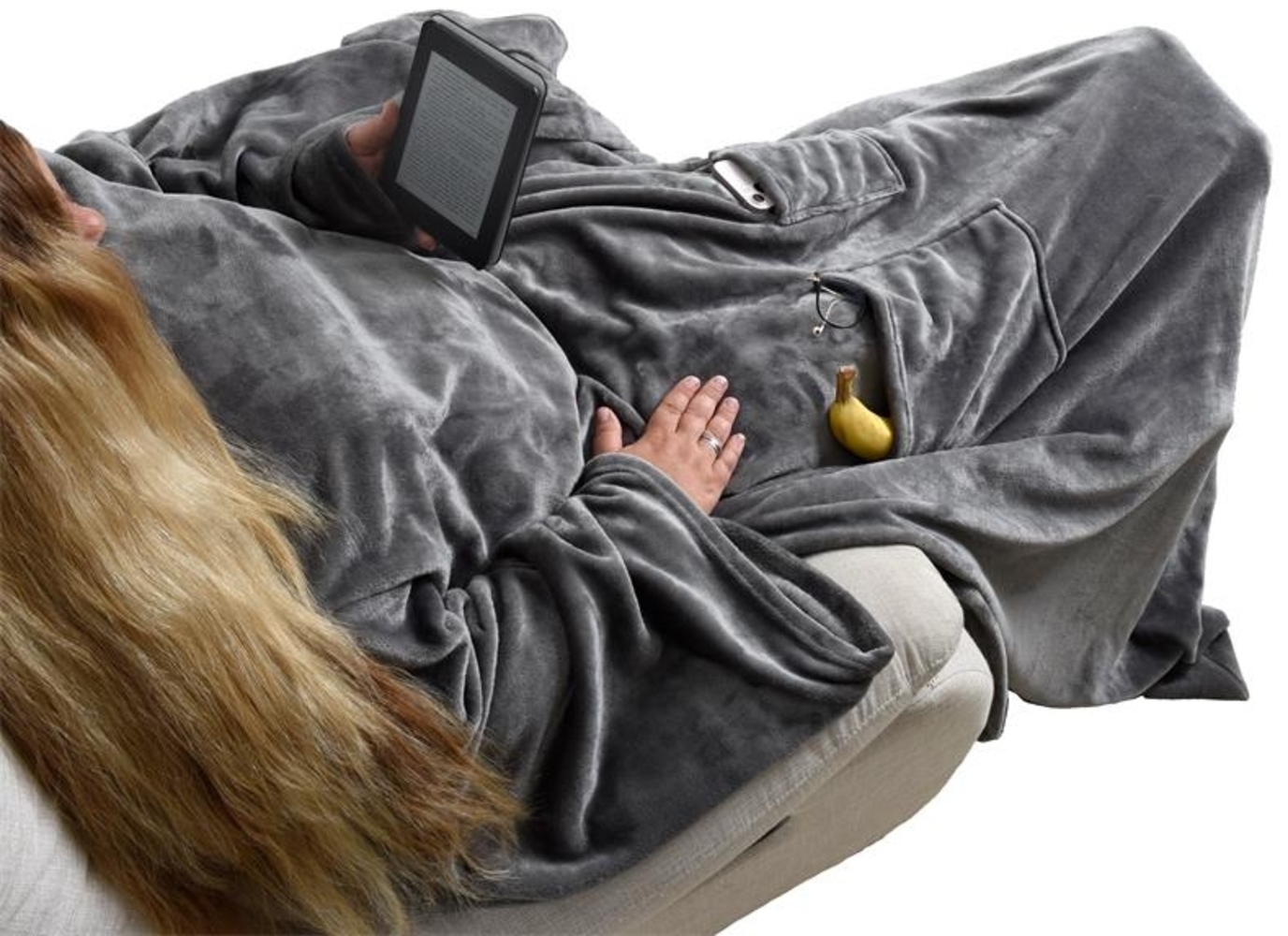 Kuscheldecke Ärmeldecke TV-Decke 170x200 cm XXL mit Taschen und Ärmeln Anthrazit Bild 1