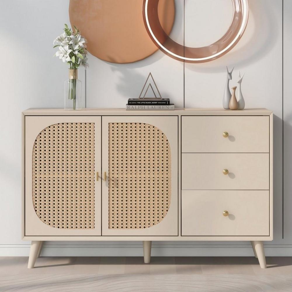 Merax Sideboard aus Holz mit 3 Schubladen und Rattan Geflechte Türen, Kommode mit Holzfüßen,Metall Bügelgriff,Lowboard,TV-Board,B:120cm Bild 1