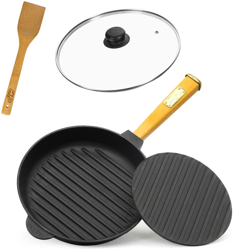 Ø26cm Grillpfanne Gusseisen mit Pressdeckel Glasdeckel Pfannenwender Induktion Holzgriff Bratpfanne Pfanne Feuerpfanne Bild 1