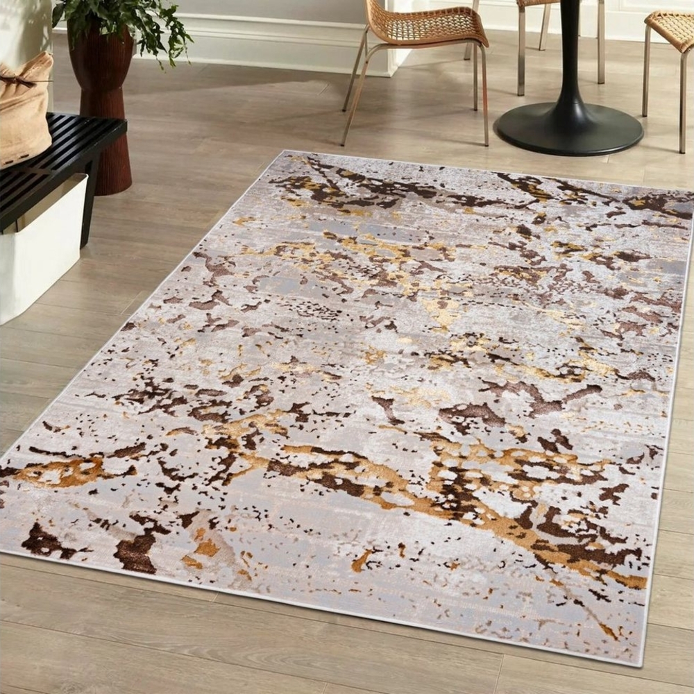 Mazovia Designteppich Modern Teppich für Wohnzimmer - Beige Creme mit Gold, 80 x 150 cm, Glänzende Abstrakt Marmor, Höhe 10 mm, Kurzflor - niedrige Florhöhe Bild 1