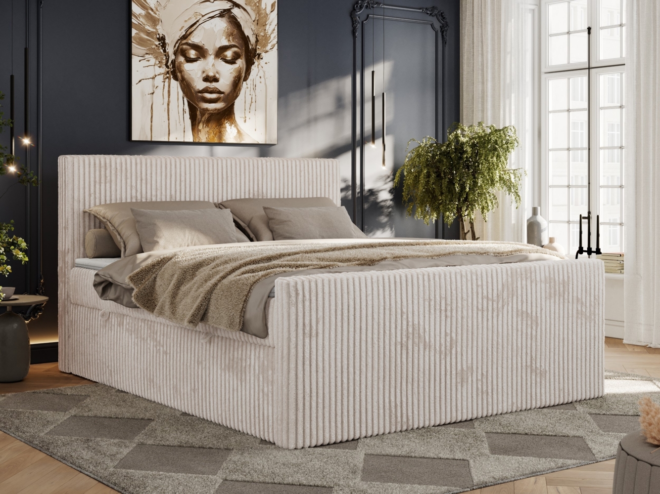 Boxspringbett, Doppelbett mit zwei Bettkästen und hohem Kopfteil aus Cordstoff - TILIANO DUO - 140 x 200 cm - Beige Cord - H3 Bild 1