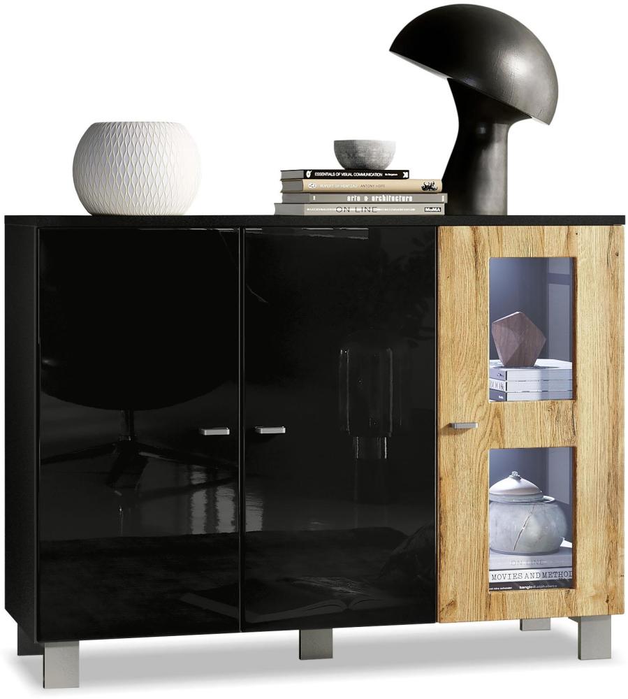 Vladon Sideboard Denjo, Kommode mit 3 Türen, Schwarz matt/Schwarz Hochglanz/Eiche Natur, inkl. LED-Beleuchtung (107 x 81 x 35 cm) Bild 1