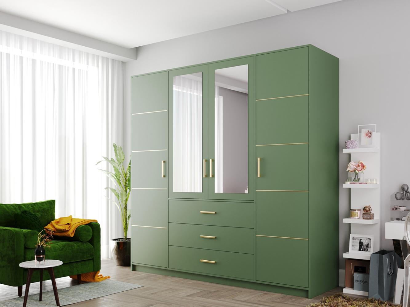 Kleiderschrank Bado II, mit Frontspiegel, Farbe: Flaschengrün / Flaschengrün + Gold Bild 1