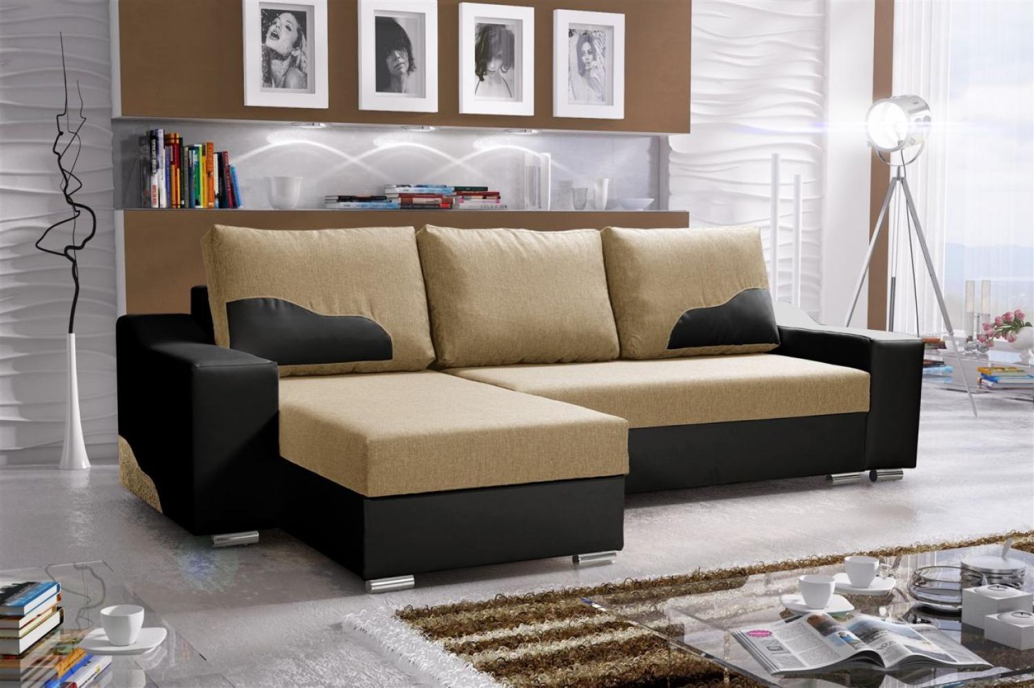 Ecksofa Sofa COLLIN mit Schlaffunktion Schwarz / Beige Ottomane Links Bild 1