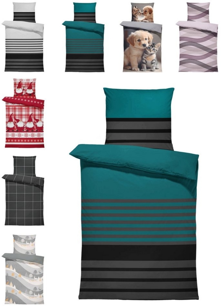 One Home Bettwäsche Winter, Flanell, 2 teilig, modern gestreift, kuschelig flauschig warme weiche Baumwolle Biber Bild 1