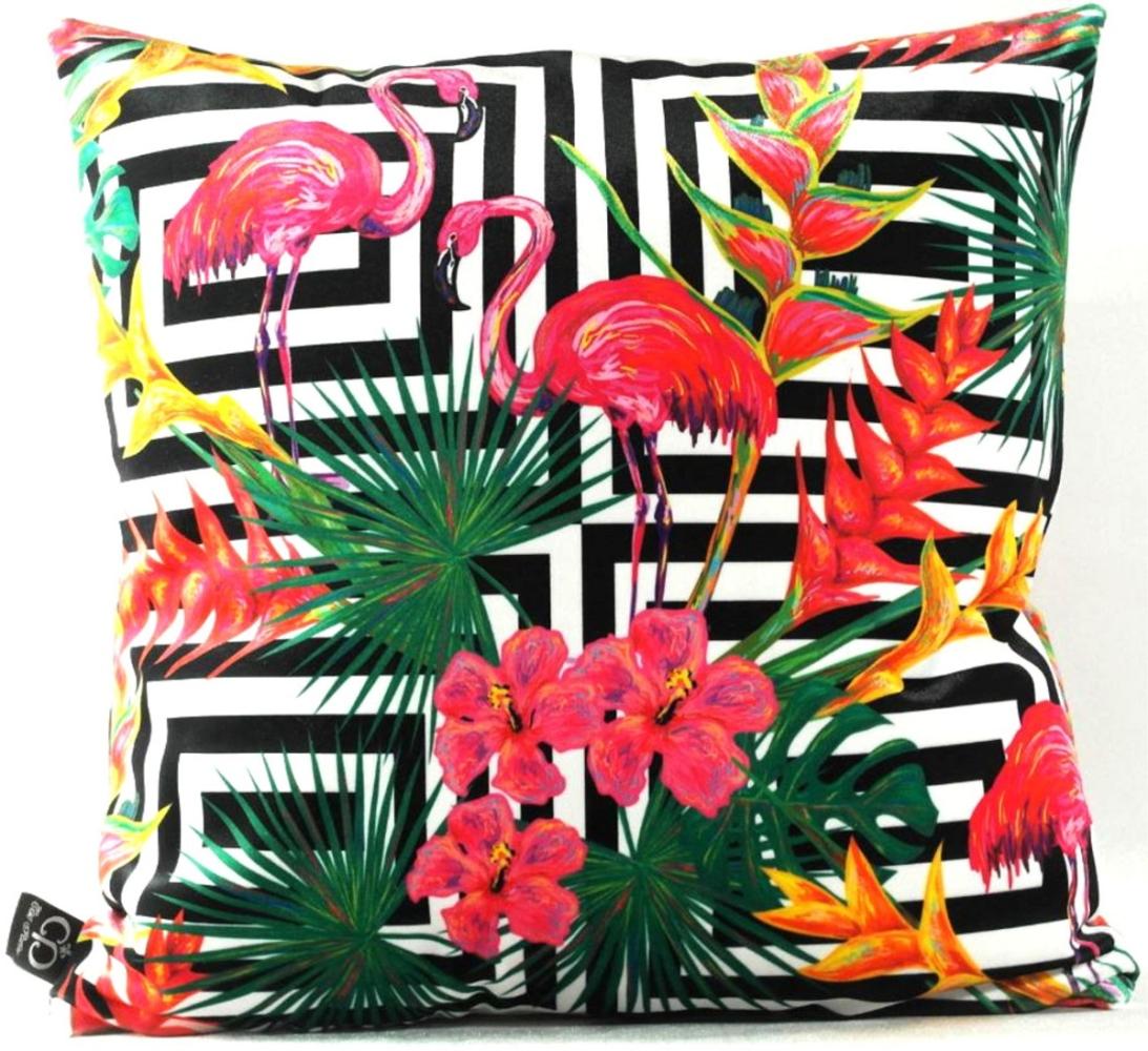 Casa Padrino Luxus Kissen Miami Flamingos & Flowers Mehrfarbig 45 x 45 cm - Feinster Samtstoff - Deko Wohnzimmer Kissen Bild 1