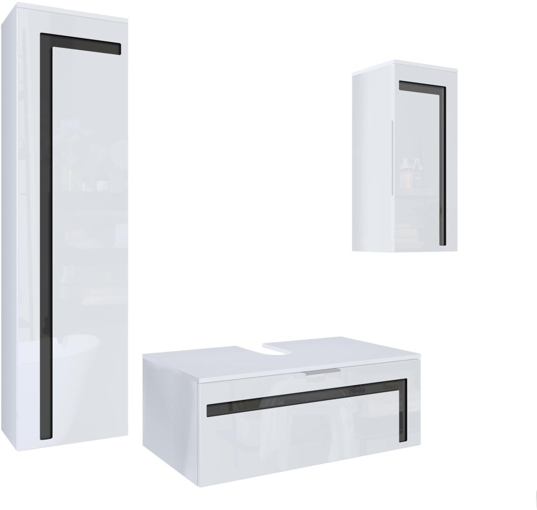 Badmöbel Komplettset Aloha V2, Korpus in Weiß matt / Fronten in Weiß Hochglanz mit Absetzungen in Schwarz Hochglanz Bild 1