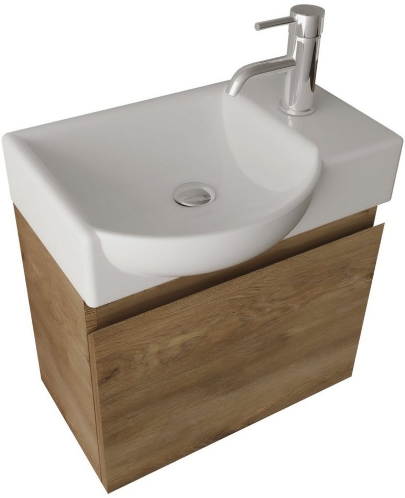 Alpenberger Badmöbel-Set - Gäste WC Waschbecken mit Unterschrank 45 cm Breit, (Badschrank 2-tlg, Waschtisch hängend), Waschbeckenunterschrank mit Softclose - Farbe Eiche - Links Becken Bild 1