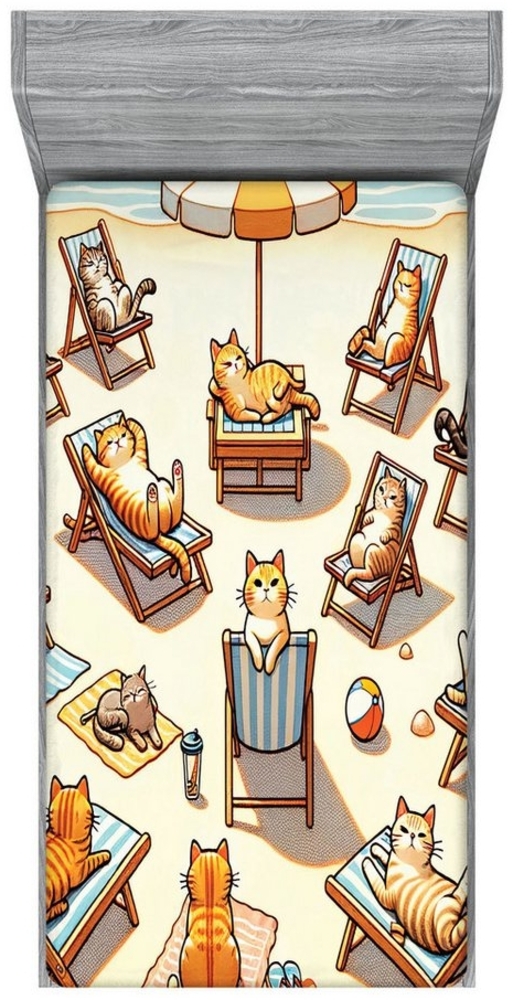 Abakuhaus Spannbettlaken Soft Dekorativer Stoff Bettwäsche Rund-um Elastischer Gummizug, Katze Sommer Kätzchen Sandstrand Spaß Bild 1
