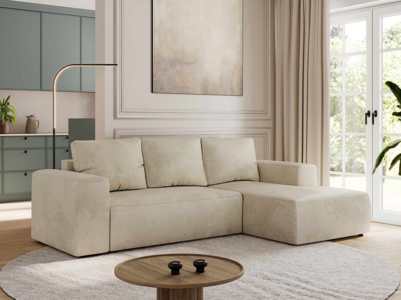 Ecksofa mit Schlaffunktion, Bettkasten und losen Kissen für das Wohnzimmer - TRENTINO - Beige Velvet - rechts Bild 1