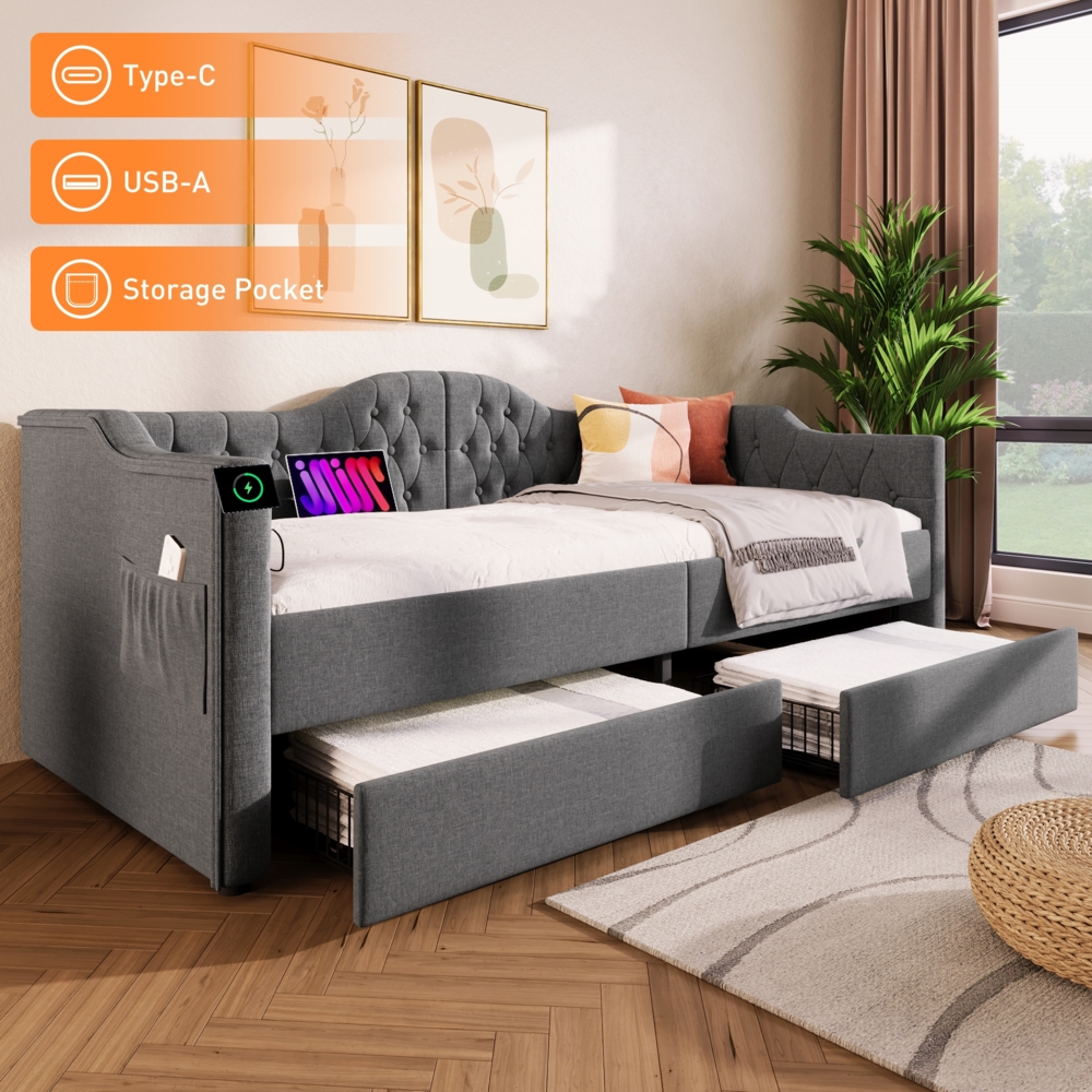 Merax Polsterbett Daybett Schlafsofa Stauraumbetten Bettgestell mit USB Type C Ladefunktion und 2 Schubladen 90x190cm in Grau Linen (Ohne Matratze) Bild 1