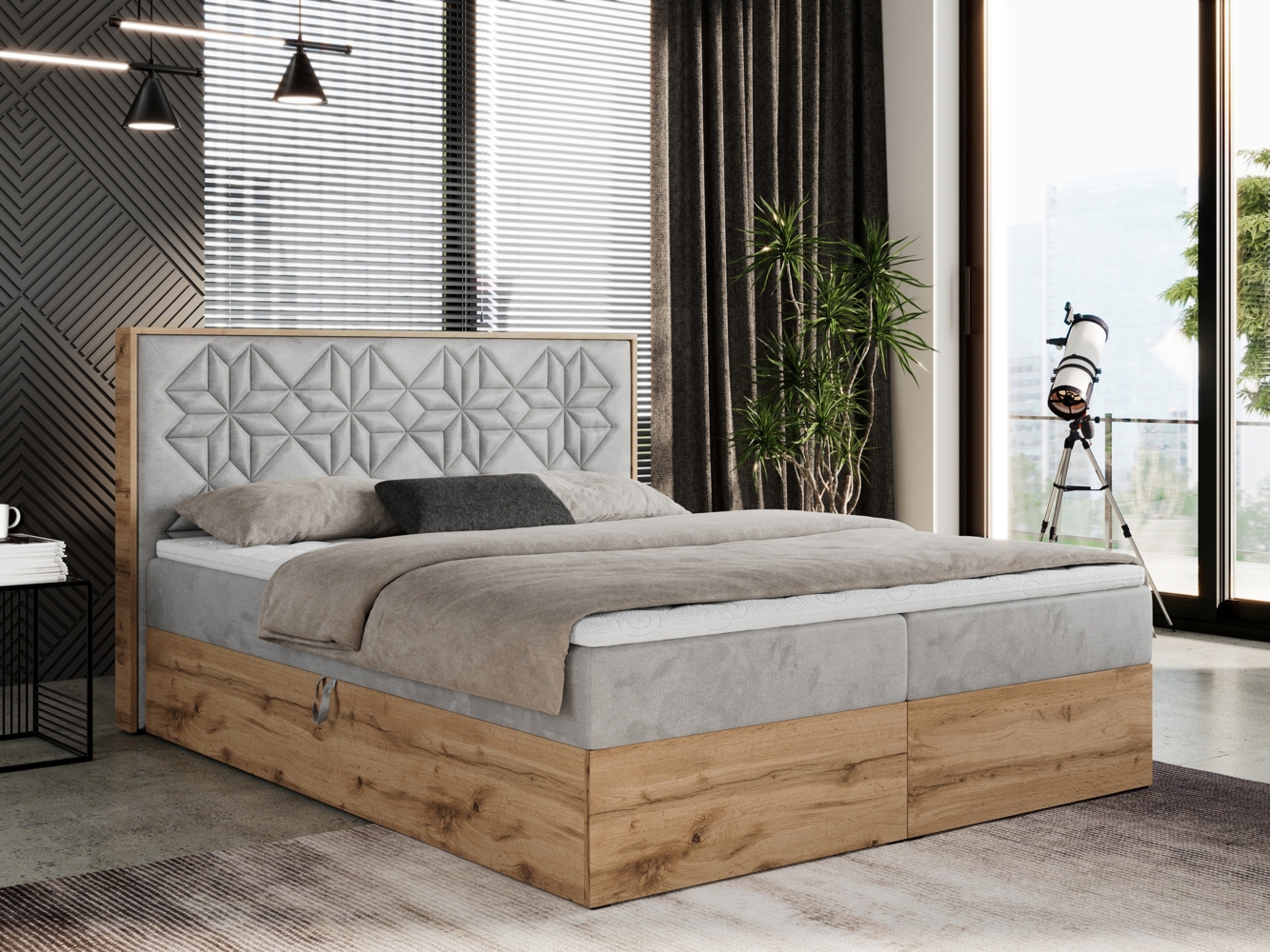 Boxspringbett mit Kopfteil und Topper, Polsterbett - NESSI - 120 x 200 cm - Hellgrau Velvet - H3 - Topper T25 Bild 1