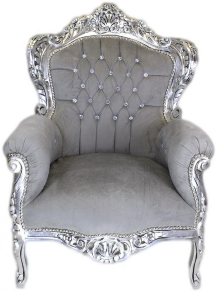 Casa Padrino Barock Sessel King Grau Samtstoff / Silber mit Bling Bling Glitzersteinen Bild 1